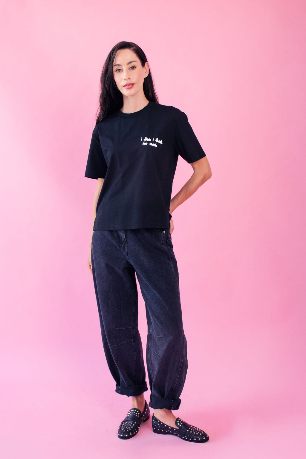 Embroidered Barrel-Leg Black Jeans