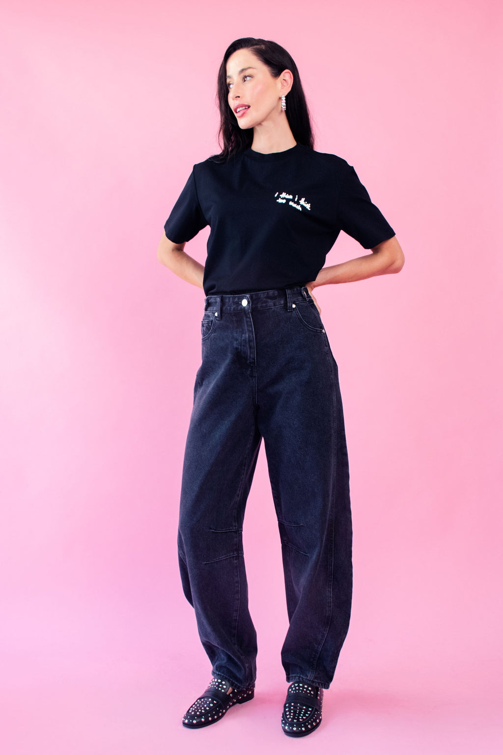 Embroidered Barrel-Leg Black Jeans