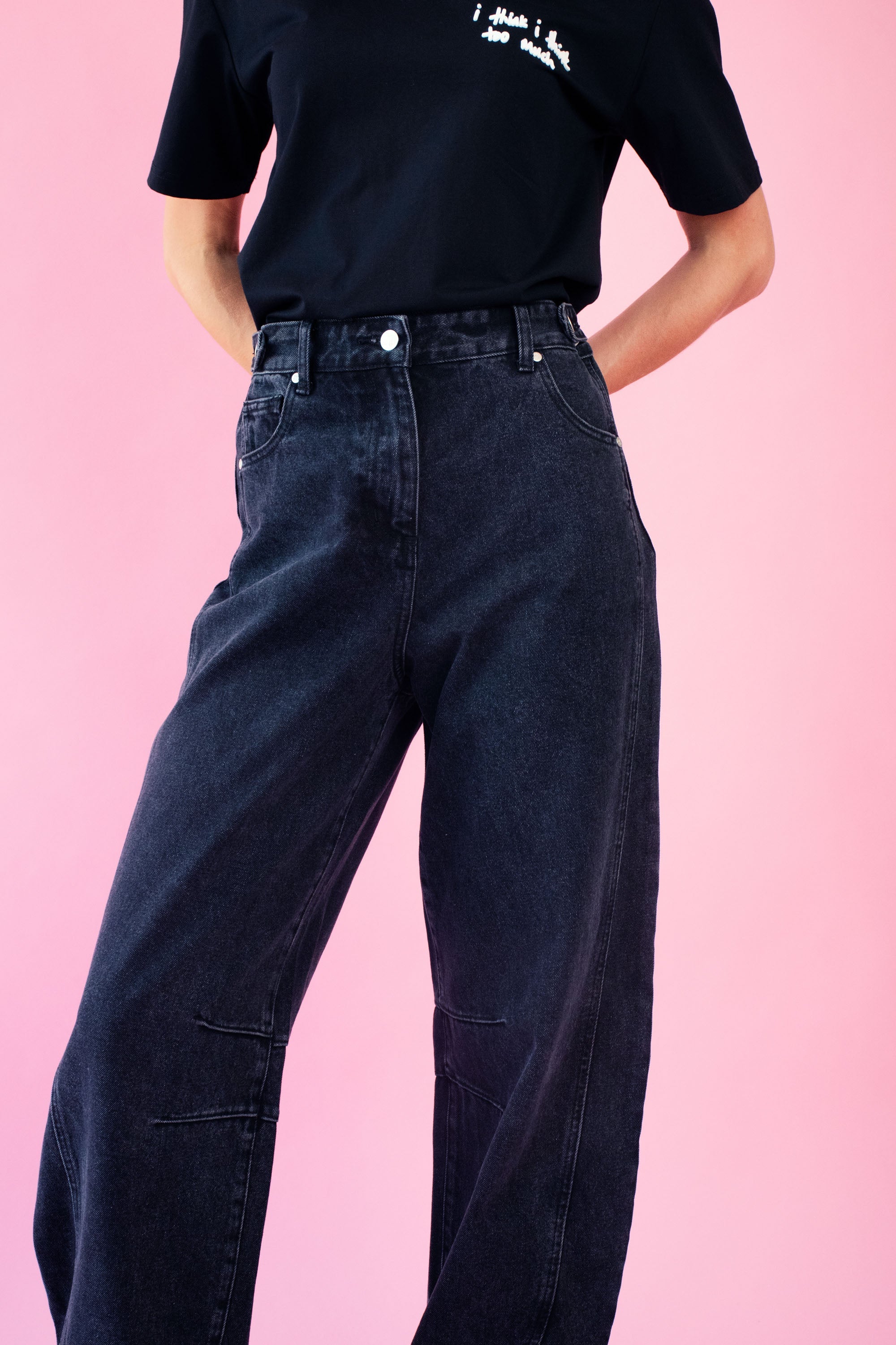 Embroidered Barrel-Leg Black Jeans
