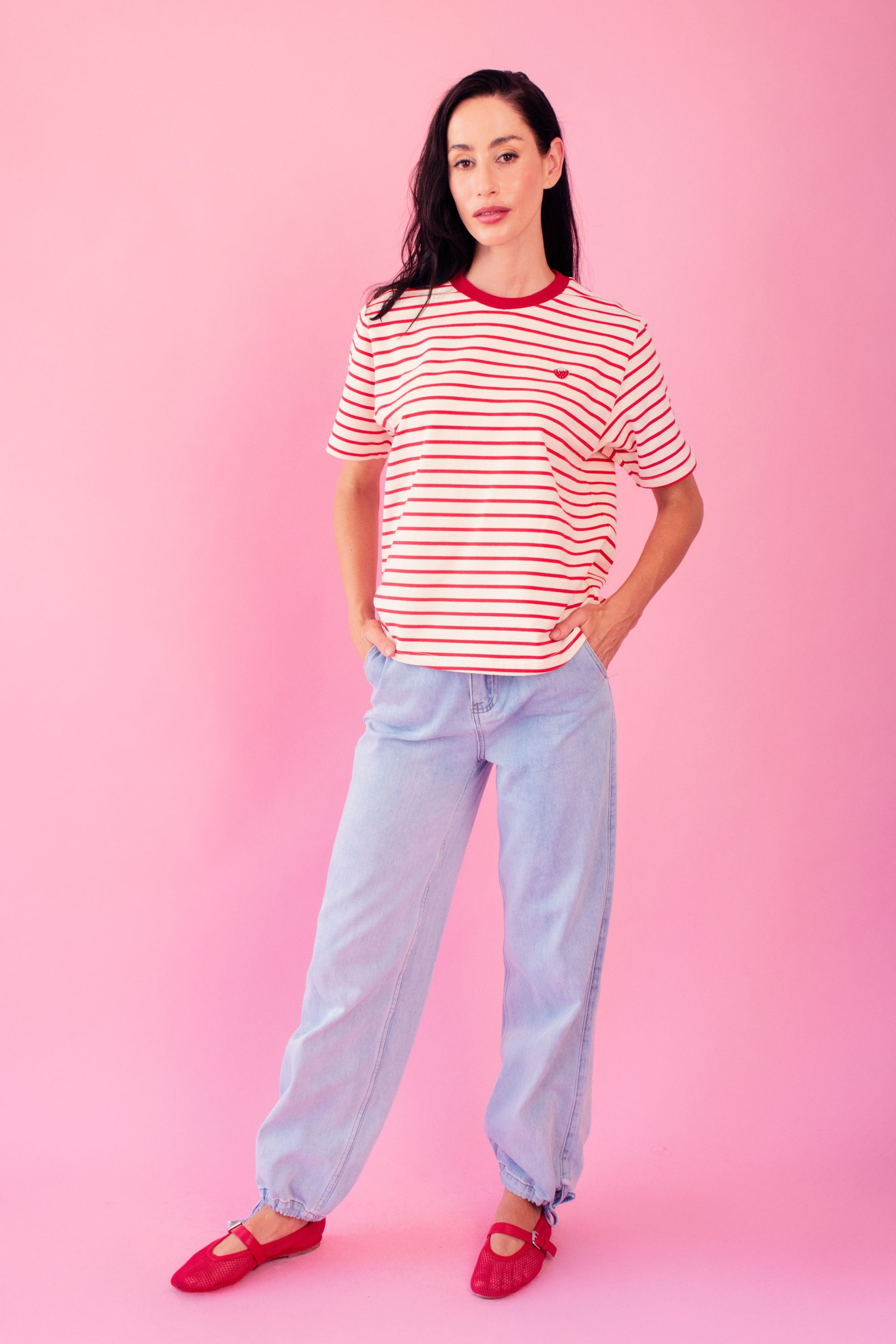 Red-White Contrast Embroidery Top