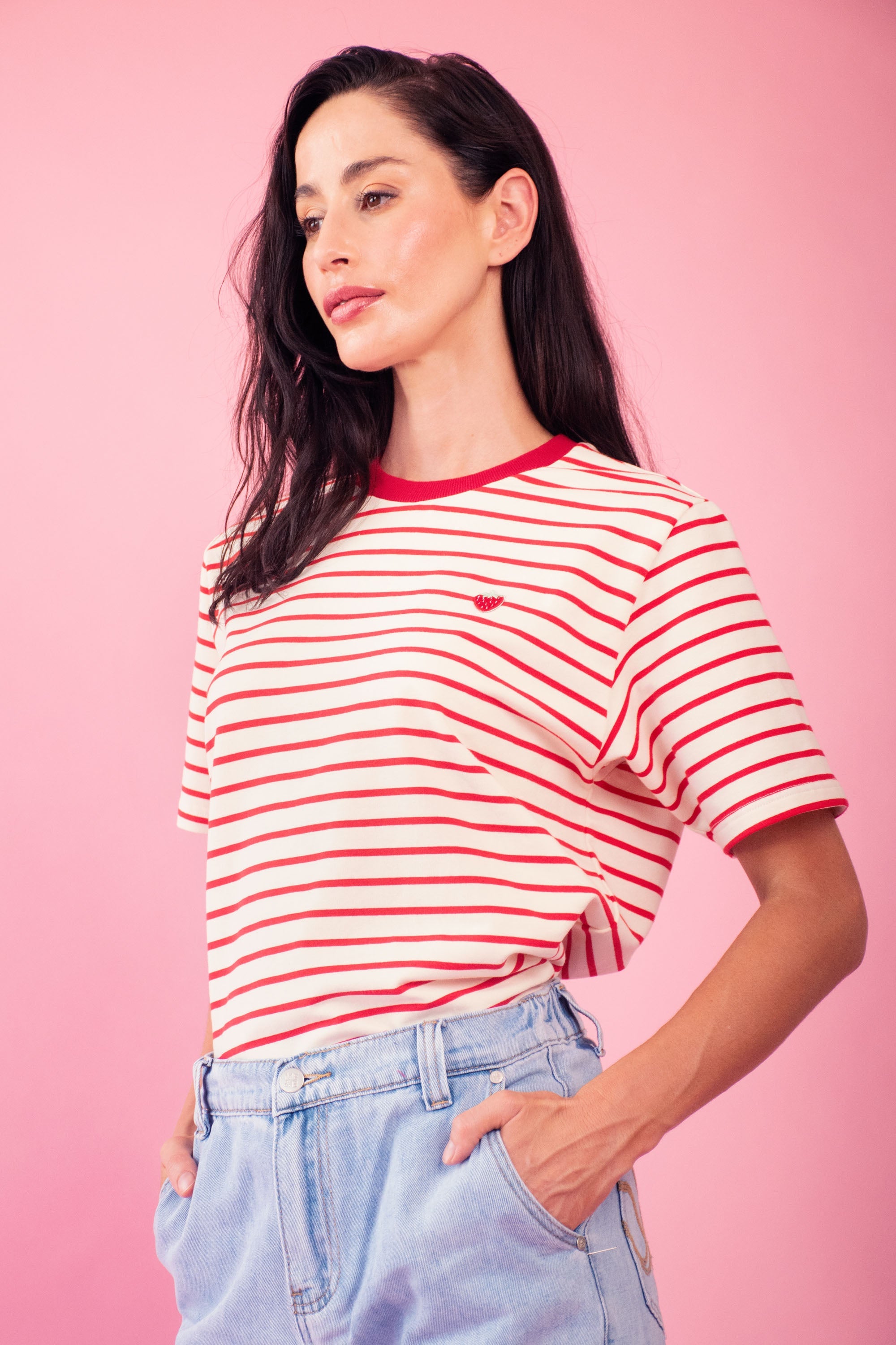 Red-White Contrast Embroidery Top
