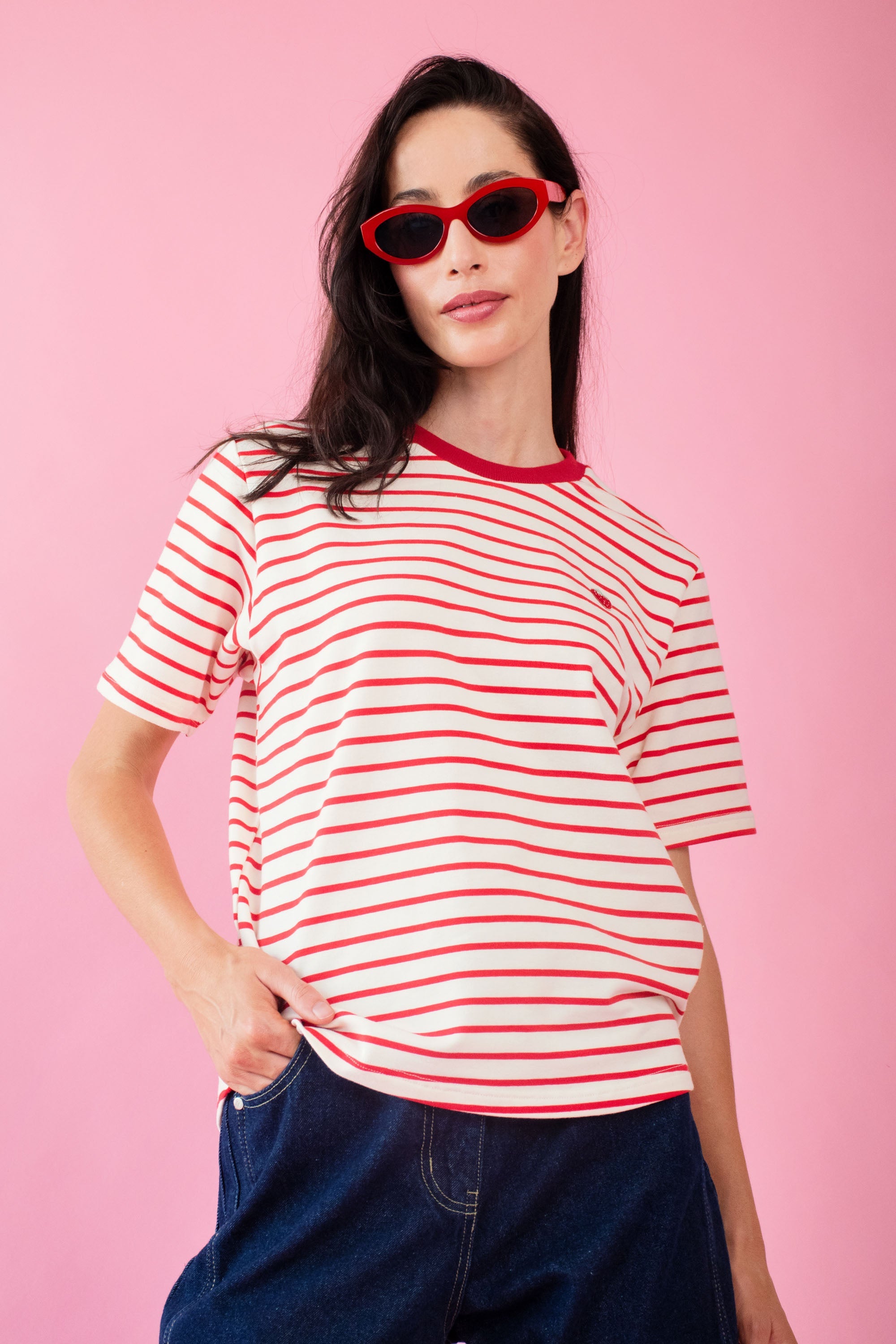 Red-White Contrast Embroidery Top