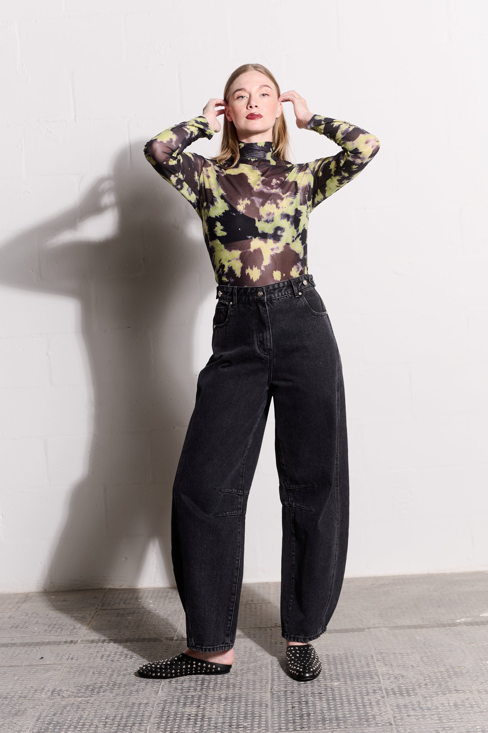 Lime Acid Polo-Neck Mesh Top