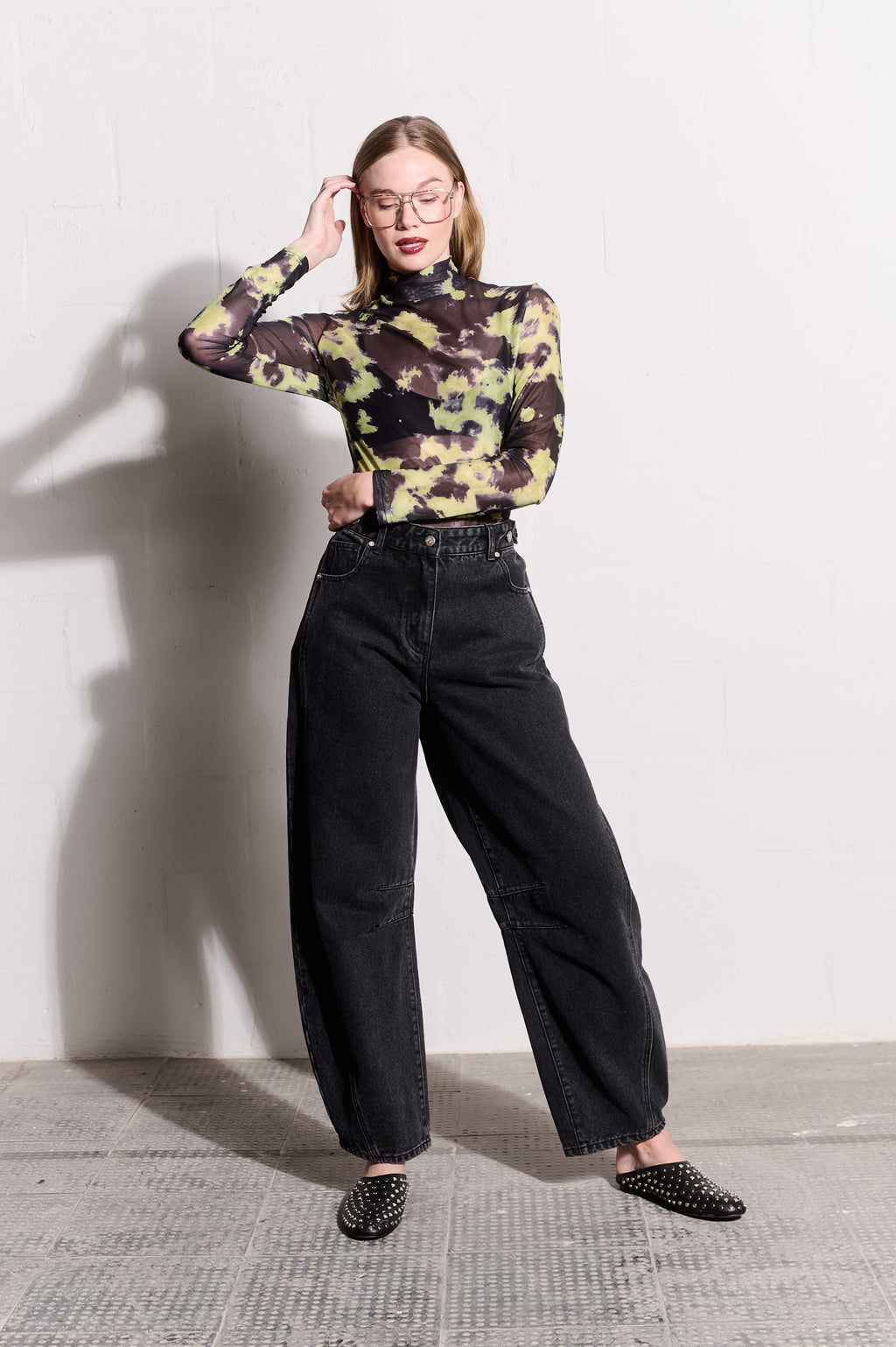 Lime Acid Polo-Neck Mesh Top