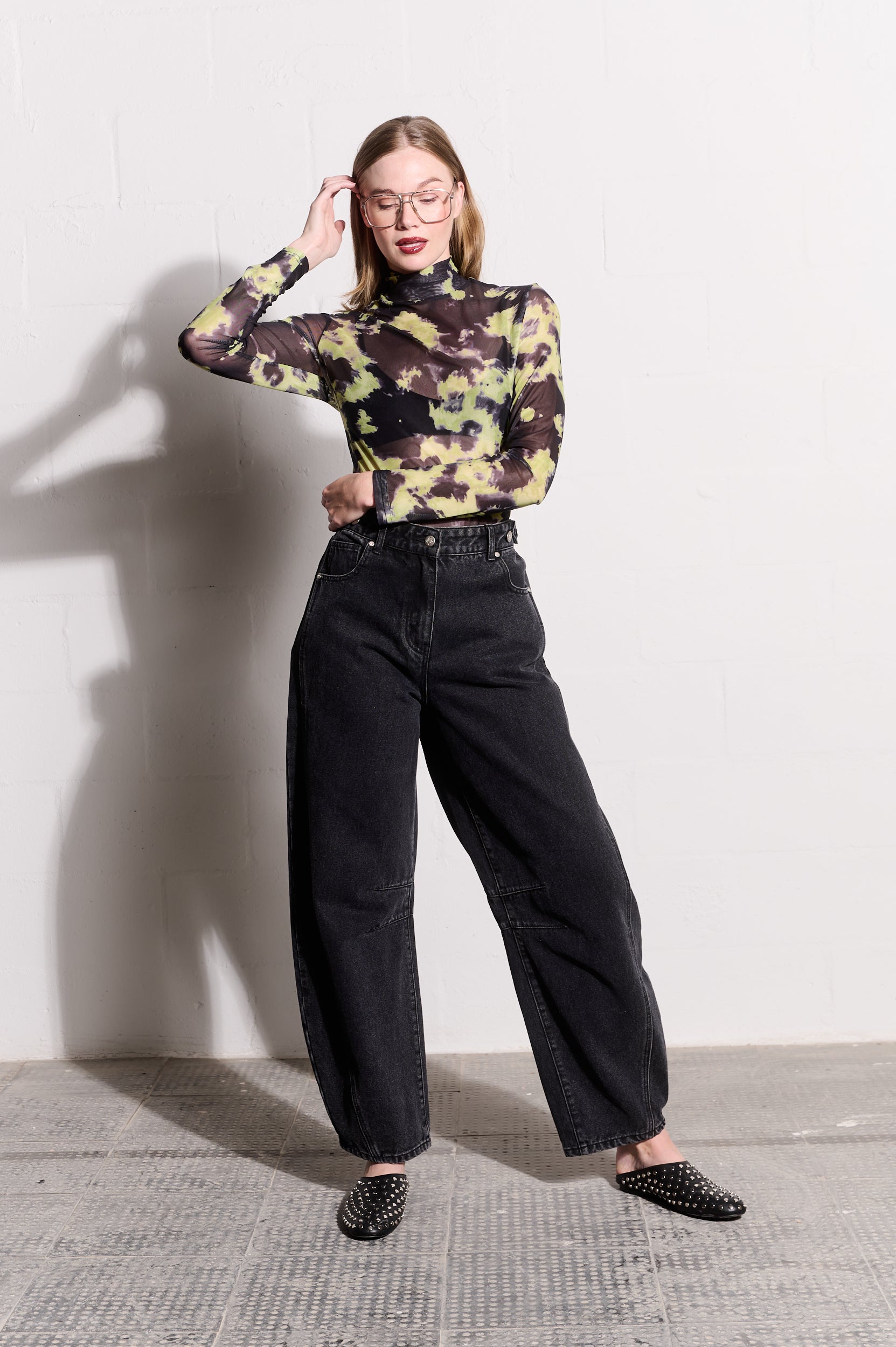 Lime Acid Polo-Neck Mesh Top