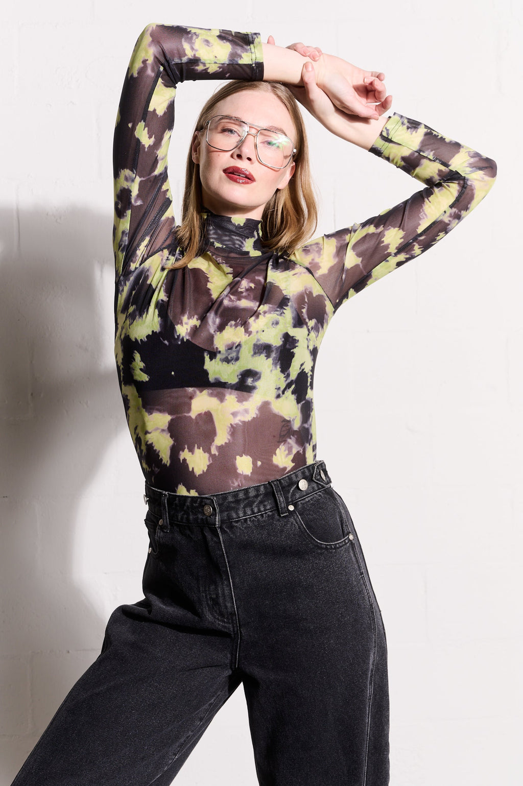 Lime Acid Polo-Neck Mesh Top