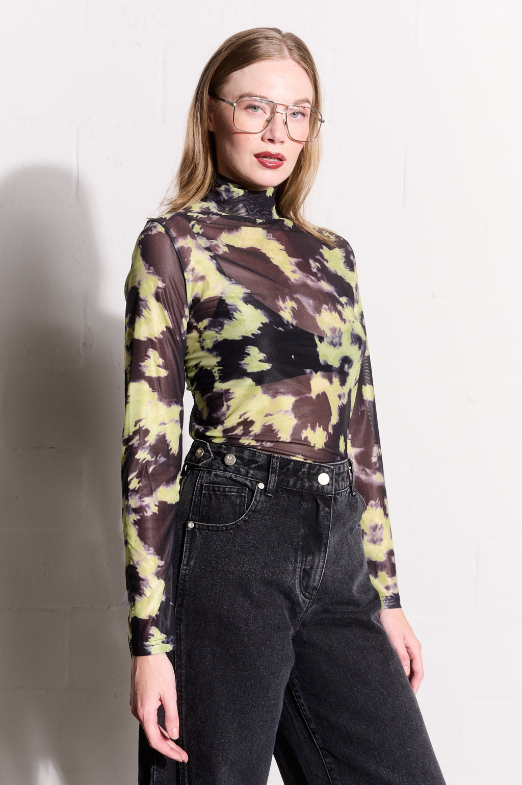 Lime Acid Polo-Neck Mesh Top