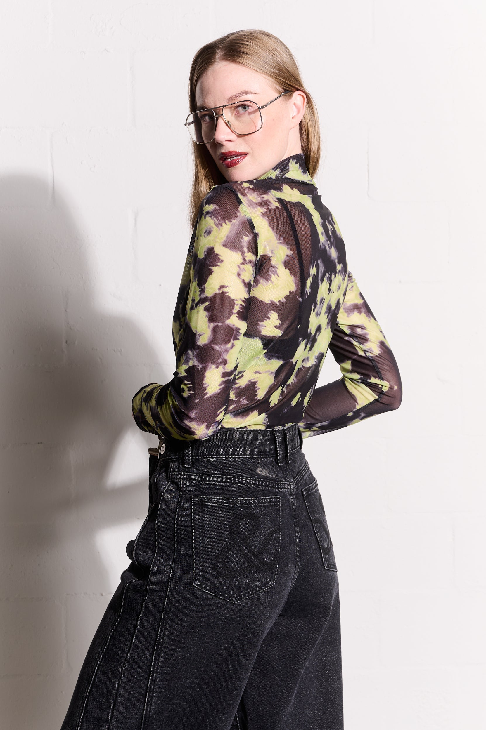 Lime Acid Polo-Neck Mesh Top