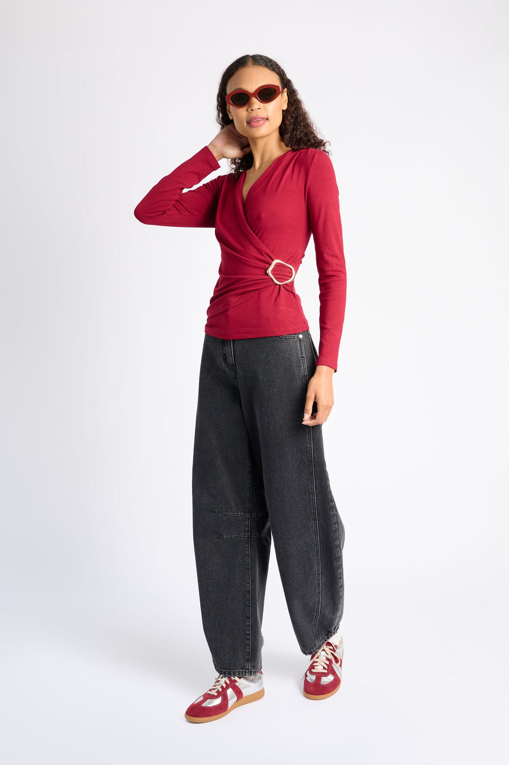 Draped Gold-Buckle Statement Top