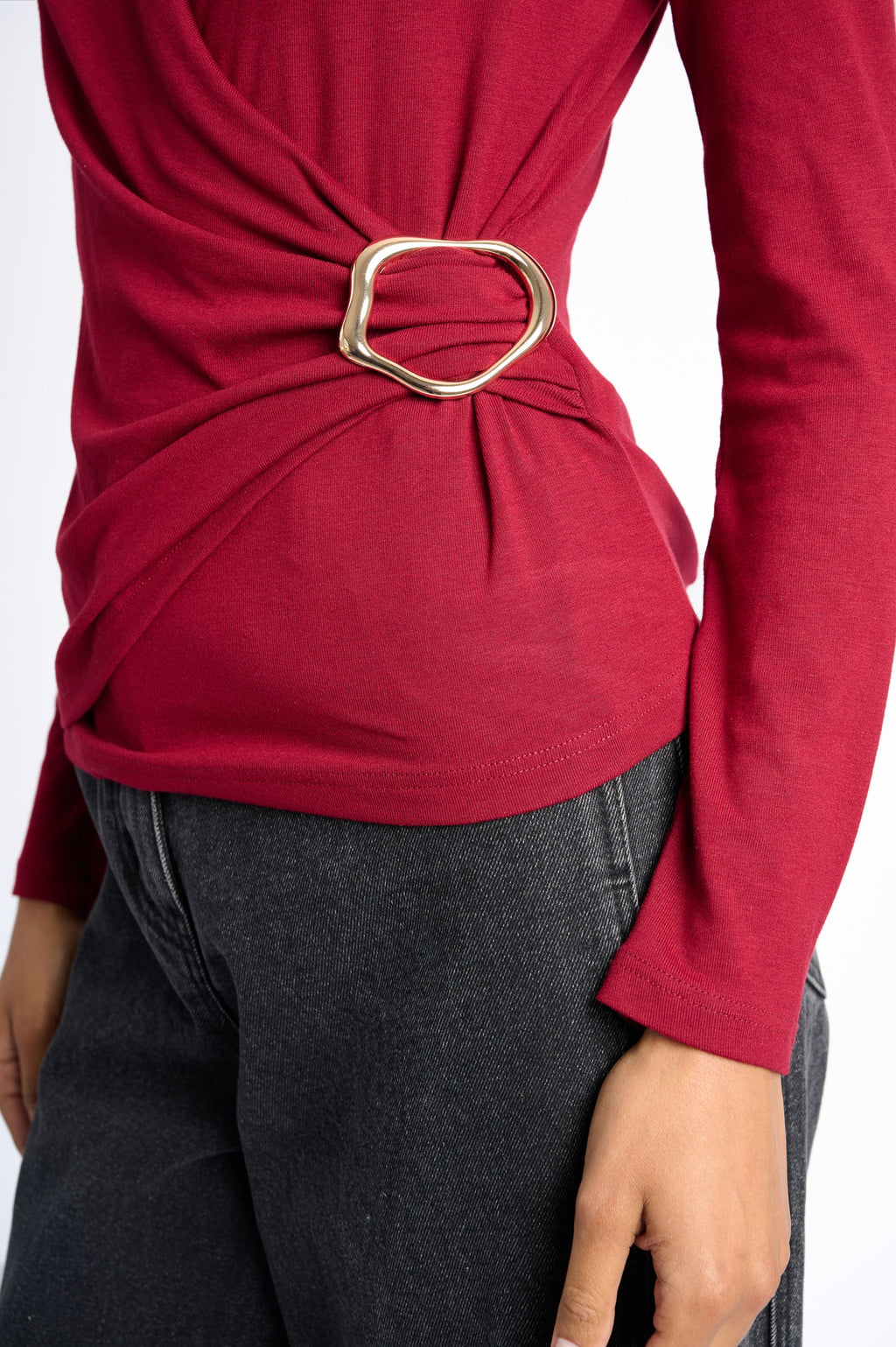 Draped Gold-Buckle Statement Top