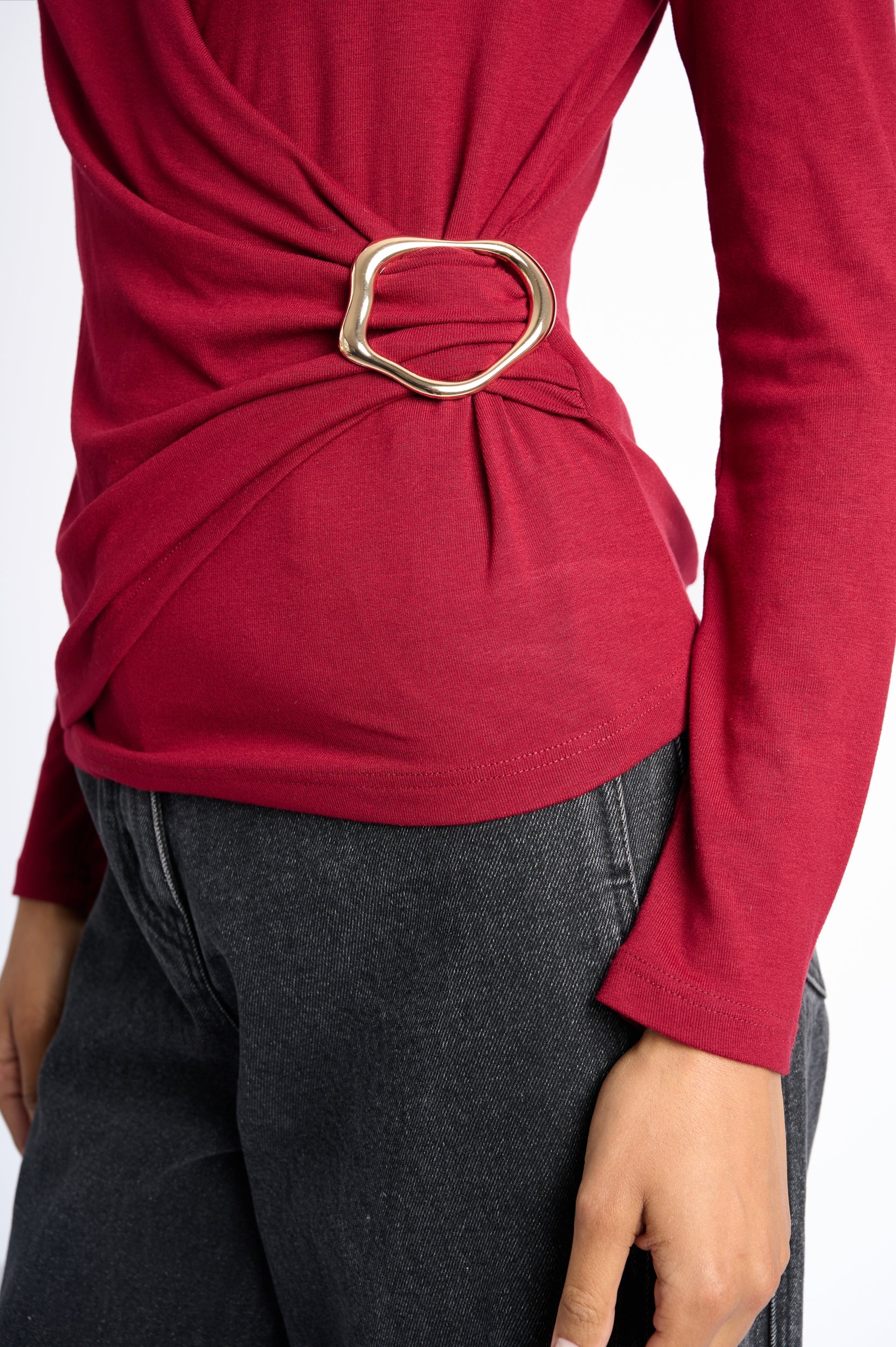 Draped Gold-Buckle Statement Top