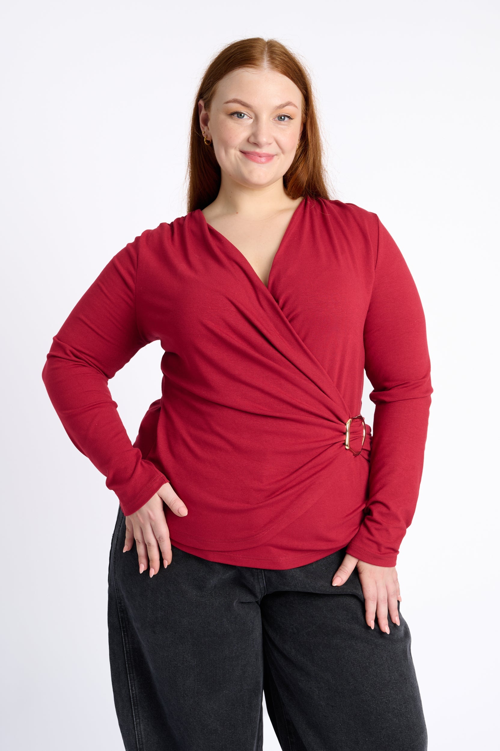 Draped Gold-Buckle Statement Top