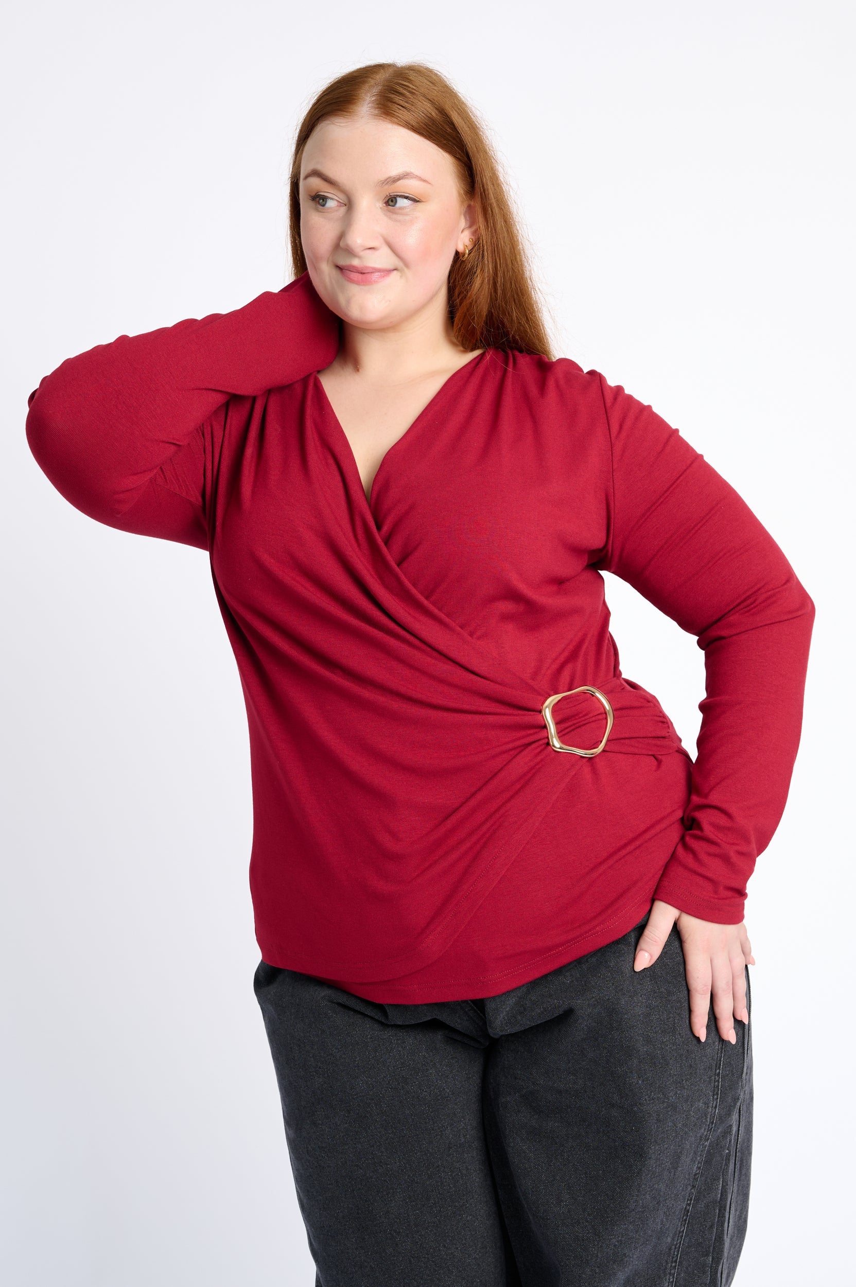 Draped Gold-Buckle Statement Top